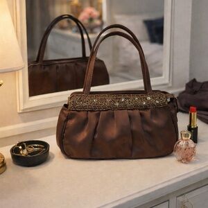 EUC Modern Vintage Elegant Brown Satin Clutch Bag with a beaded & sequined trim.